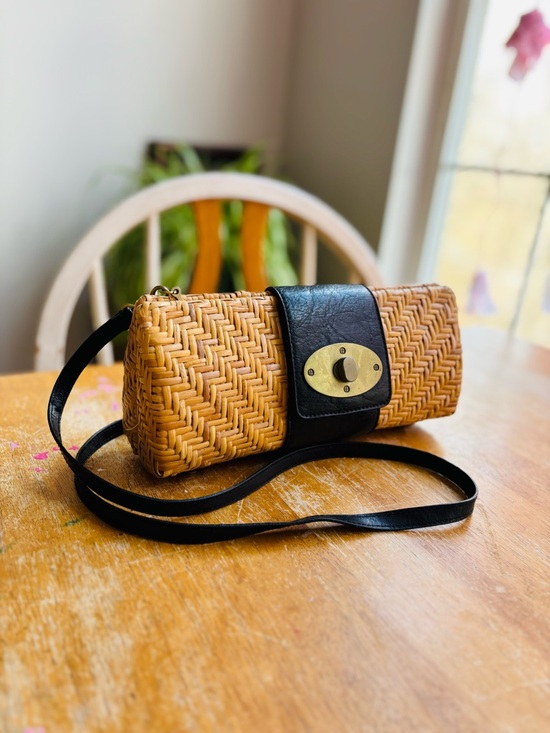 Kelly & Katie Handbags - Kelly & Katie Woven Straw Crossbody Clutch with Black Leather Trim and crossbody